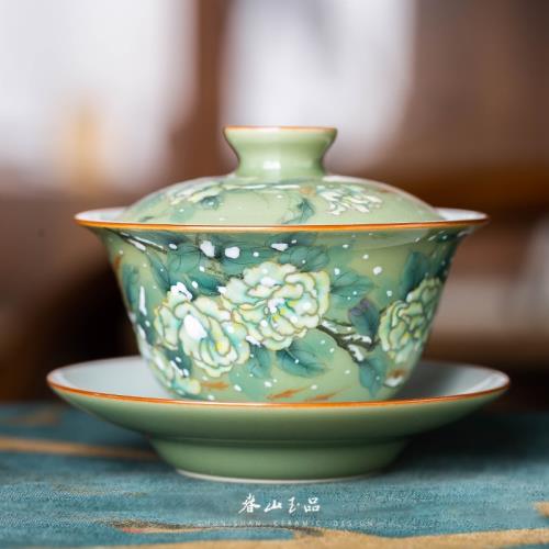 春山玉品 琺瑯粉彩花卉蒼綠釉三才蓋碗景德鎮陶瓷泡茶蓋碗