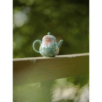 棠頌丨手繪疊花秋水壺松石青堆白有田燒茶壺功夫茶具會客禮盒裝