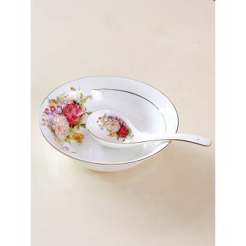 唐山骨瓷9英寸大湯碗家用鬥碗深菜碗歐式金邊陶瓷餐具麵碗牡丹花