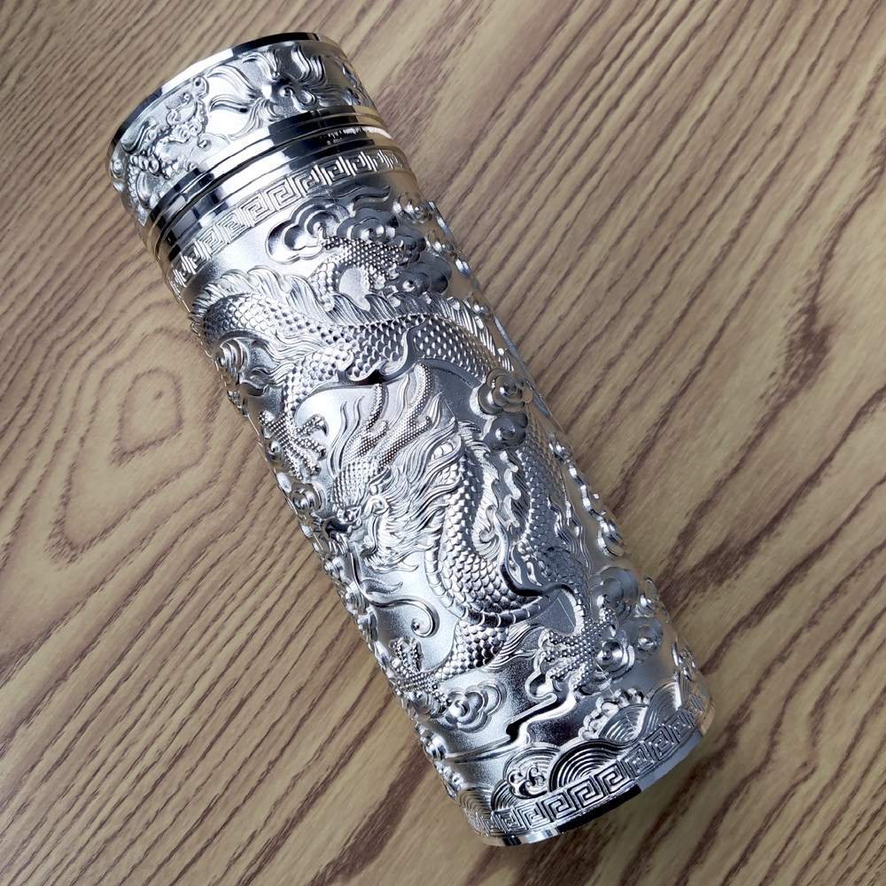 高檔純銀保溫杯999銀離子水杯雪花銀男女龍鳳呈祥金色禮品杯子|保溫杯