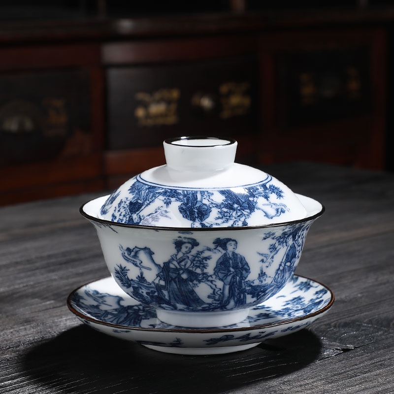 復古蓋碗茶杯子防燙泡茶碗景德鎮青花茶備單個陶瓷三才碗大號家用|蓋碗
