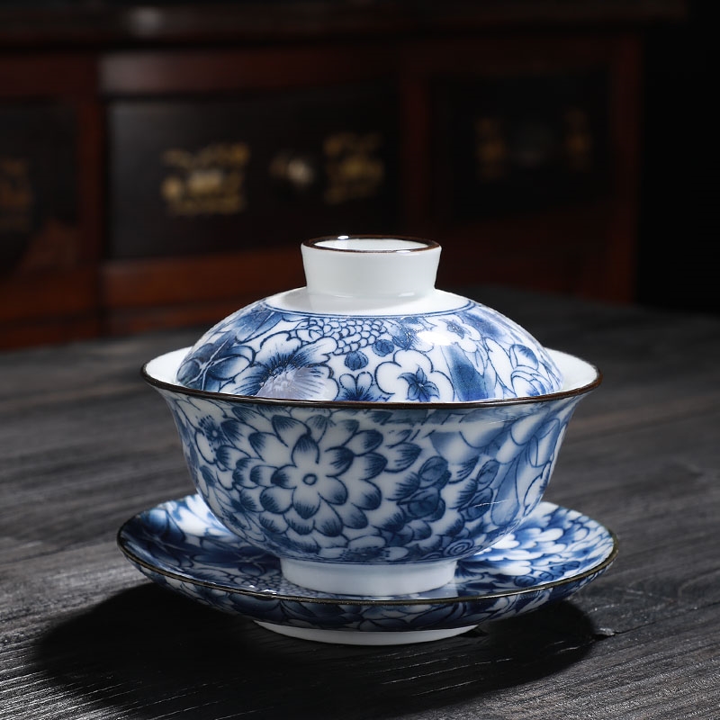 復古蓋碗茶杯子防燙泡茶碗景德鎮青花茶備單個陶瓷三才碗大號家用|蓋碗