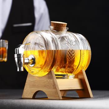 玻璃罐帶底座木架冷水壺圓形酒桶