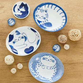 日本進口可愛萌貓陶瓷餐具釉下彩青花餐具