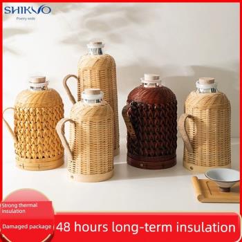 竹編熱水瓶老式復古玻璃內膽暖壺藤編開水瓶家用保溫壺鄉村熱水壺