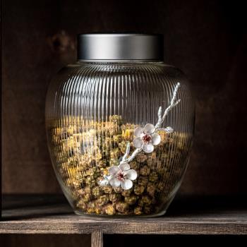 舊望格圓形條紋錫花玻璃茶葉罐家用存茶罐花茶罐子功夫茶具密封罐