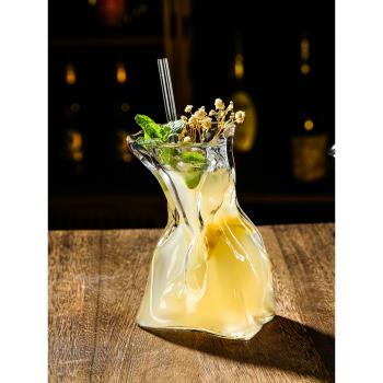 透明玻璃杯飲料果汁杯酒杯創意雞尾酒杯褶皺長飲杯折紙設計感水杯