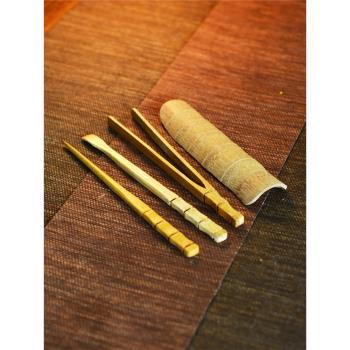 手工竹節四件套碳化竹製天然 茶則茶夾茶針茶勺功夫茶道配件幹泡