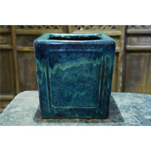 古美術 清 藍釉双耳花瓶　瑠璃釉　高さ約19.5cm 花入　中国美術 葛明祥造 瑠璃釉 獣耳花瓶 花入 壺 中国古玩 清時代
