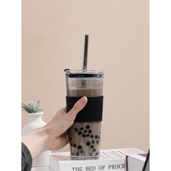 水杯夏季高顏值大容量玻璃杯子男女輕奢吸管杯可吸珍珠奶茶咖啡杯