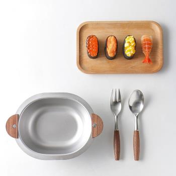 韓國ins同款304不銹鋼橢圓形防燙防摔加厚兒童飯碗胡桃木柄雙耳碗