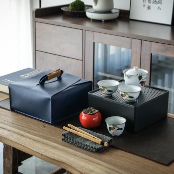 汝窯復古事柿如意一壺三杯茶具便攜旅行日式功夫茶具套組陶瓷泡茶