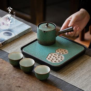 孔雀綠小茶盤陶瓷密胺幹泡茶臺家用復古功夫茶具可蓄水茶托盤茶海