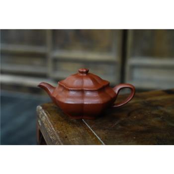 90年代宜興紫砂一善茶道好料大紅袍泥全手精工經典梅花合扁壺140c