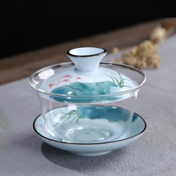 景德鎮玻璃蓋碗手繪茶碗大號功夫茶具泡茶碗陶瓷三才敬茶碗茶具
