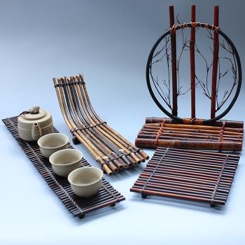 仿古竹排茶盤 竹製長方形茶托盤 家用杯託花架大小號幹泡茶臺屏風