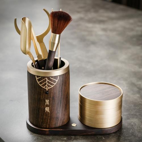 復古中式黑檀木杯墊黃銅茶匙茶鏟茶則茶葉勺子茶道配件六君子套裝