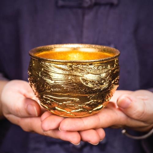 高端24k純金鎏金大號個人主人杯手工品茗杯茶盞浮雕單杯金杯輕奢|茶杯