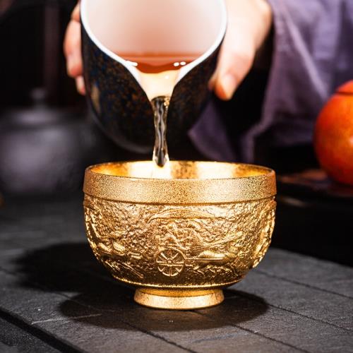 高端24k純金鎏金大號個人主人杯手工品茗杯茶盞浮雕單杯金杯輕奢|茶杯