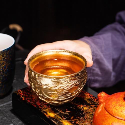 高端24k純金鎏金大號個人主人杯手工品茗杯茶盞浮雕單杯金杯輕奢|茶杯