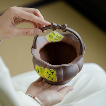 純手繪黃菊老巖泥家用中式復古陶瓷茶渣缸茶桌擺件建水水盂茶洗
