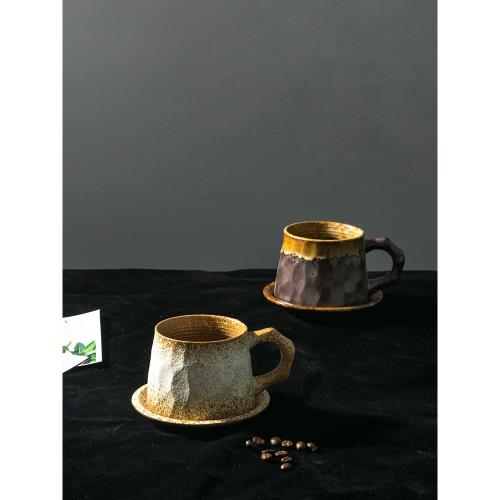 日式手工咖啡杯碟復古粗陶套裝陶瓷手沖咖啡杯vintage杯子帶勺子
