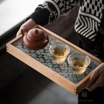 三遍 復古黑胡桃木玻璃壓花茶盤幹泡盤 古木質擺盤收納盤茶道零配