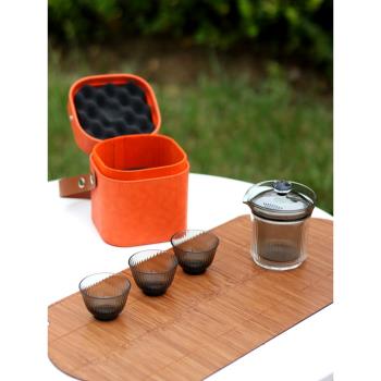 高階旅行茶具一壺三杯耐熱玻璃星空豎紋雙層蓋碗品茗杯手提包套裝