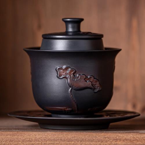 聚山堂手抓蓋碗浮雕荷韻小心肝寶瓶壺紫砂不燙手高端跳刀泡茶神器