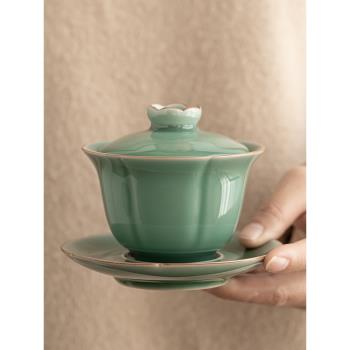 蓮花青瓷蓋碗復古泡茶碗陶瓷三才蓋碗防燙家用功夫茶具單個茶碗