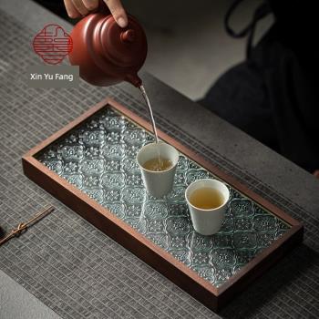 黑胡桃木鋼化玻璃小型託盤茶盤幹泡臺茶點盤日式收納盤長方形餐盤