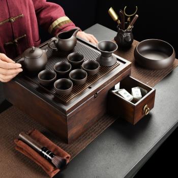 舊望格紫砂功夫茶具套裝多功能收納盒方形排水竹茶盤日式家用茶臺