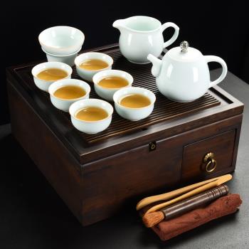 舊望格竹製茶盒多功能一體收納茶盤家用功夫茶具套裝方形排水茶托