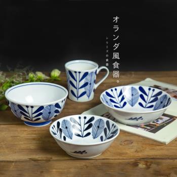美濃燒日本進口陶瓷餐具藍楓林小清新典雅輕量瓷飯碗湯麵碗大盤子