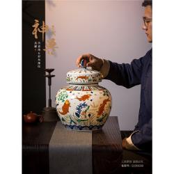 宮廷御用器中名品仿嘉靖五彩魚藻紋蓋罐精品大號擺件茶葉防潮罐|茶罐