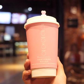 粉色一次性熱飲紙杯咖啡果汁飲料打包杯奶茶飲品杯子400500ML簡約