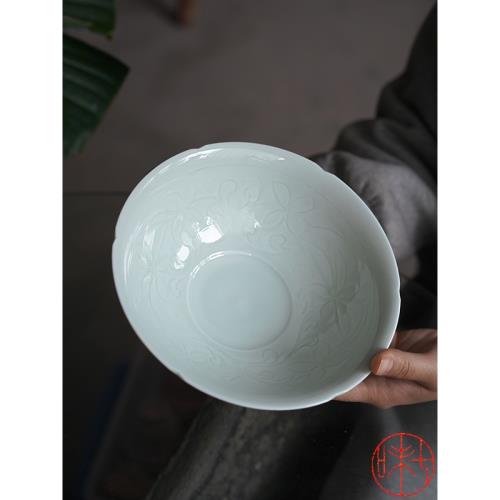 景德鎮高溫瓷湖田窯影青瓷仿宋刻花宋代風格陶瓷葵口大湯碗食器|碗