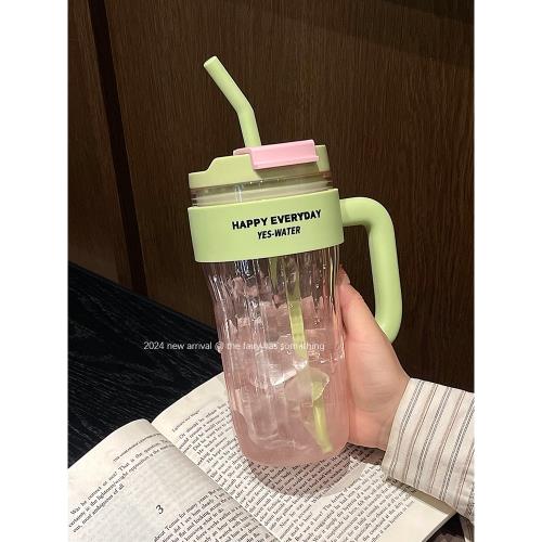 大容量吸管杯2024新款夏天女生辦公室泡茶喝冷飲高顏值帶手柄水杯