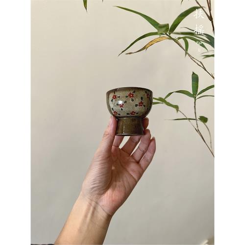 扶搖復古手繪梅花柴燒高腳杯小碎花中式純手工釉下彩主人杯小清新