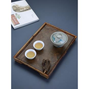 中式大漆板巖竹茶盤託盤幹泡茶臺禪意茶托盤竹製家用壺託復古單層