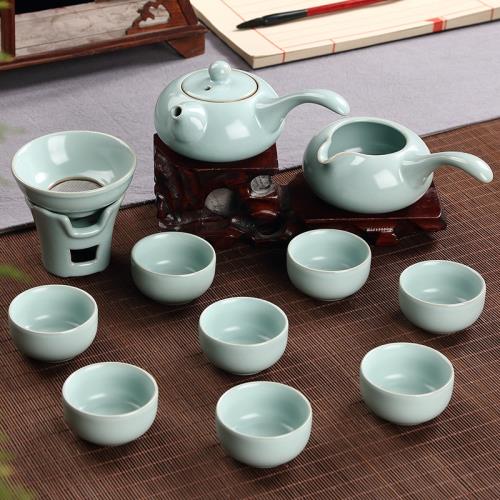 陶瓷汝窯茶具整套開片冰裂釉8茶杯日式側把壺功夫茶具套裝6人家用