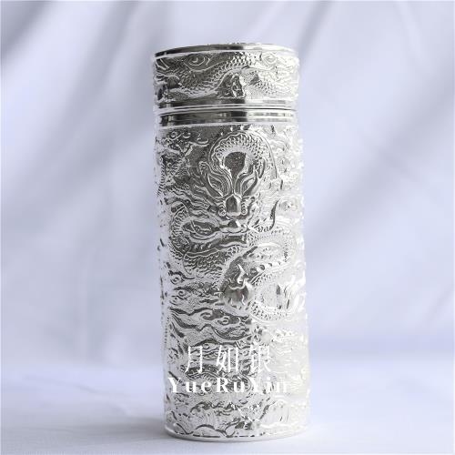 月如銀| 純手工原創設計999足銀浮雕龍紋保溫水杯匠心之作手工品|保溫杯