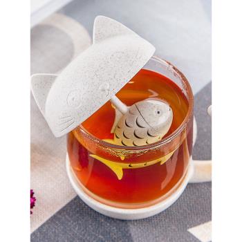 品竹谷纖維環保清新水杯貓和魚童趣貓咪玻璃杯檸檬花茶泡茶杯子