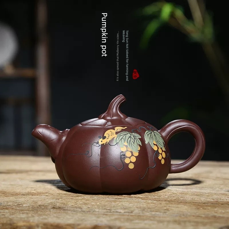 置物　花器　壺 宜興卡蓋花器紫砂壺純手工泡茶壺家用茶具原礦老紫泥南瓜壺350ml|茶壺