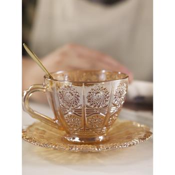和風四季創意浮雕玻璃下午茶咖啡杯碟勺家用咖啡杯拿鐵杯水杯