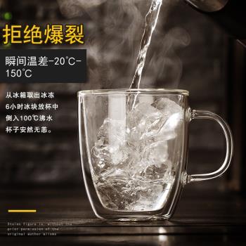 耐熱雙層玻璃杯帶把手隔熱水杯帶蓋加厚保溫杯咖啡杯家用泡茶杯子