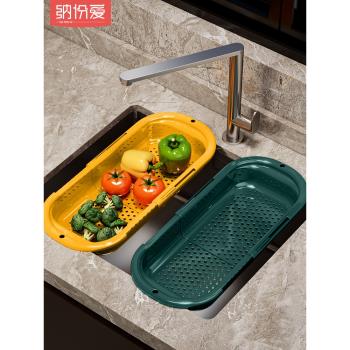 可伸縮瀝水籃廚房水槽洗菜盆瀝水架塑膠濾水籃碗碟架菜籃子置物架