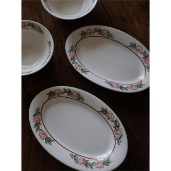 雜置社ins風玫瑰花橢圓盤米飯碗中古家用陶瓷橢圓盤餐具甜品碗