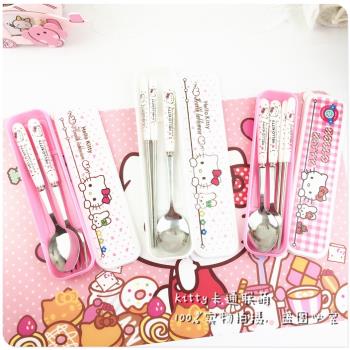 hellokitty學生陶瓷便攜餐具兩件套不銹鋼筷子套裝叉勺禮品旅行盒