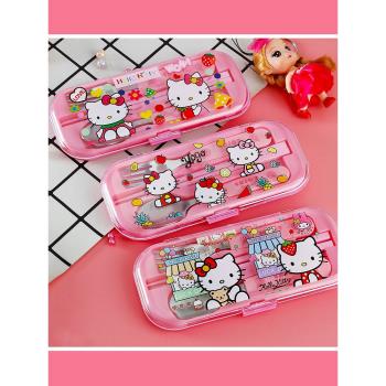 可愛卡通hello kitty便攜餐具套裝 KT貓塑料柄叉勺學生筷子三件套